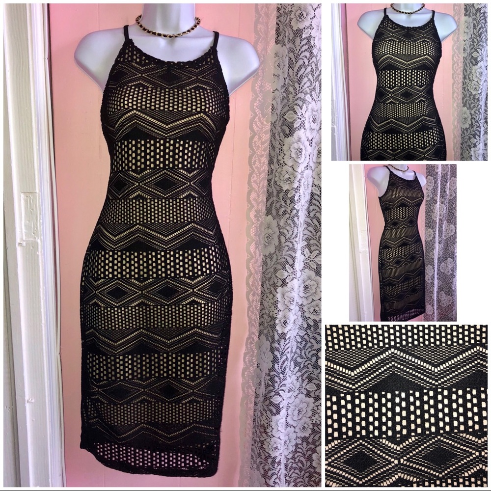 Beige and black lace mini dress Large
